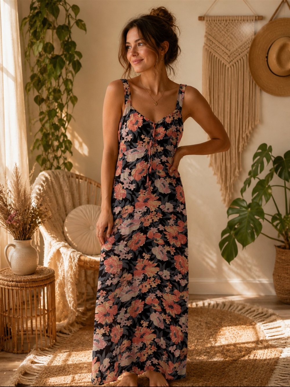 NEW WITH TAGS - SO Black Floral Midi Dress with Coral and Light Pink Blooms